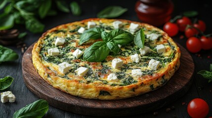 Spinach feta tart on dark wood