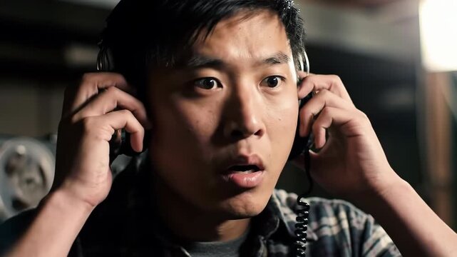 asian man in basement presses headphones to ears, listening to recording on old reel-to-reel tape recorder in shock and disbelief. spy movie, conspiracy, fbi agent, wiretapping and surveillance