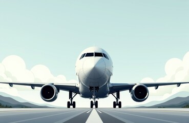 Naklejka premium Commercial airplane preparing for takeoff on runway with mountains in background