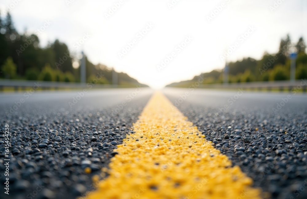 Poster a close-up view of a paved road with a yellow centerline extending into the distance