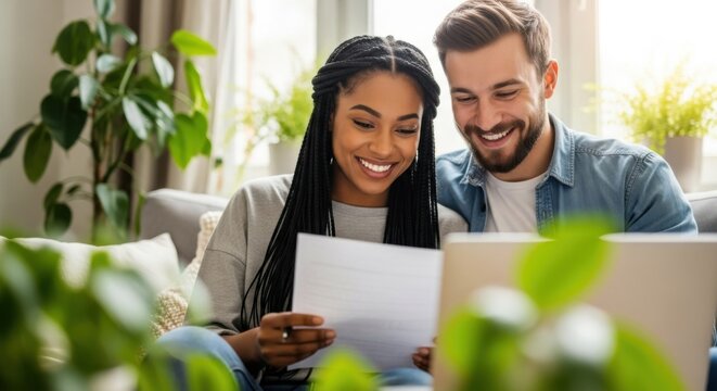 Happy couple reviewing documents together at home enjoying their shared success