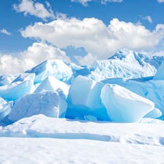 Glacial ice formations under a bright sky