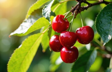 Obraz premium Fresh cherries hanging from a tree branch with green leaves in natural sunlight