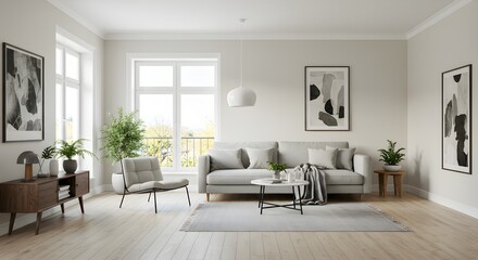 Bright living room showcases modern interior design elements, promoting home decor, lifestyle, and real estate concepts. Ideal for web, marketing.