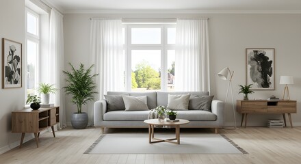 Living room interior showcases bright, modern design. Use for real estate marketing, web design, interior design concept, and editorial.