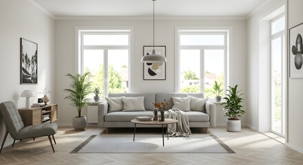 Living room features a modern design. Bright, spacious interior with couch, coffee table, decor....
