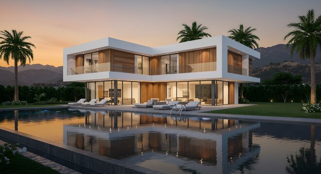 Modern house exterior showcases pool at dusk. Features minimalist design, palms, reflections. Ideal for real estate, architecture, design marketing.