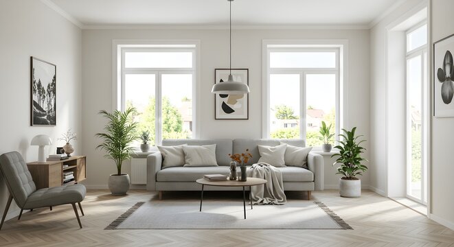 Living room features a modern design. Bright, spacious interior with couch, coffee table, decor. Shows elegant minimalism. For interior design, marketing, and web use.