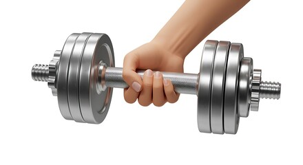 Naklejka premium A hand gripping a silver dumbbell with multiple weights on a white background in a studio shot