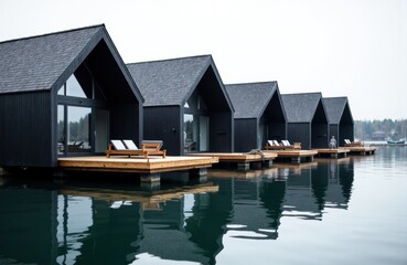Obraz premium Modern black lakeside cabins with wooden decks and outdoor lounge chairs reflecting on calm water
