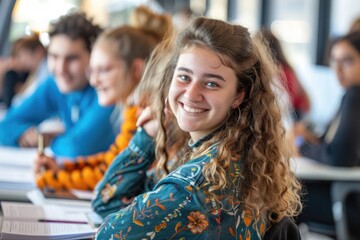A group of smiling students are taking an exam in their classroom, writing on paper with pencils and highlighters