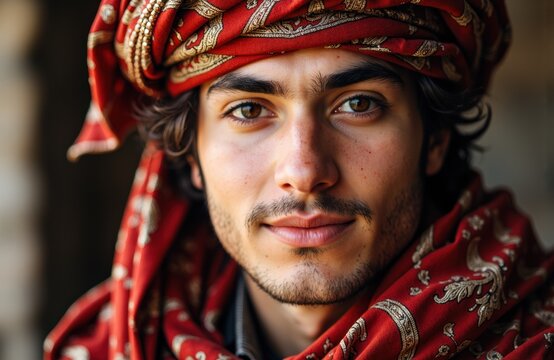 A young man with a traditional red and gold patterned turban looking directly at the camera
