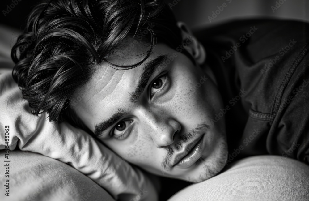 Poster close-up of a young man lying down and gazing into the camera with an intense expression