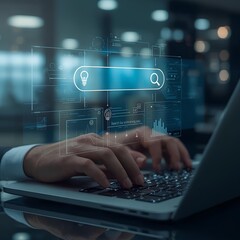 Futuristic AI Search Interface Over Businessman Typing on Laptop