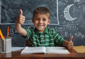 A happy boy with short hair wearing green and white striped shirt is sitting at his desk in the classroom