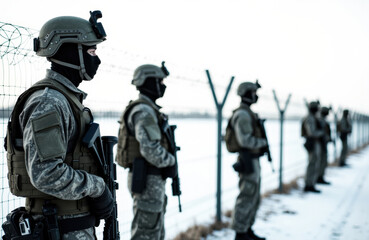 Military personnel standing in formation along a snowy border fence