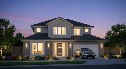 Home exterior shines at twilight. Modern two-story house with car in driveway. Illustrates...