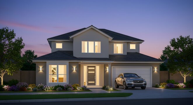 Home exterior shines at twilight. Modern two-story house with car in driveway. Illustrates homeownership, suburban living. For real estate, marketing, web design.