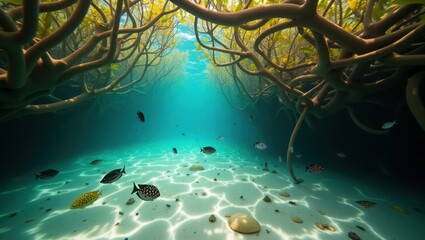 Serene Underwater World - Sunlit Mangrove Roots and Tropical Fish