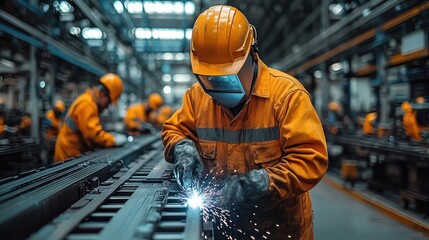 Industrial worker welding metal parts