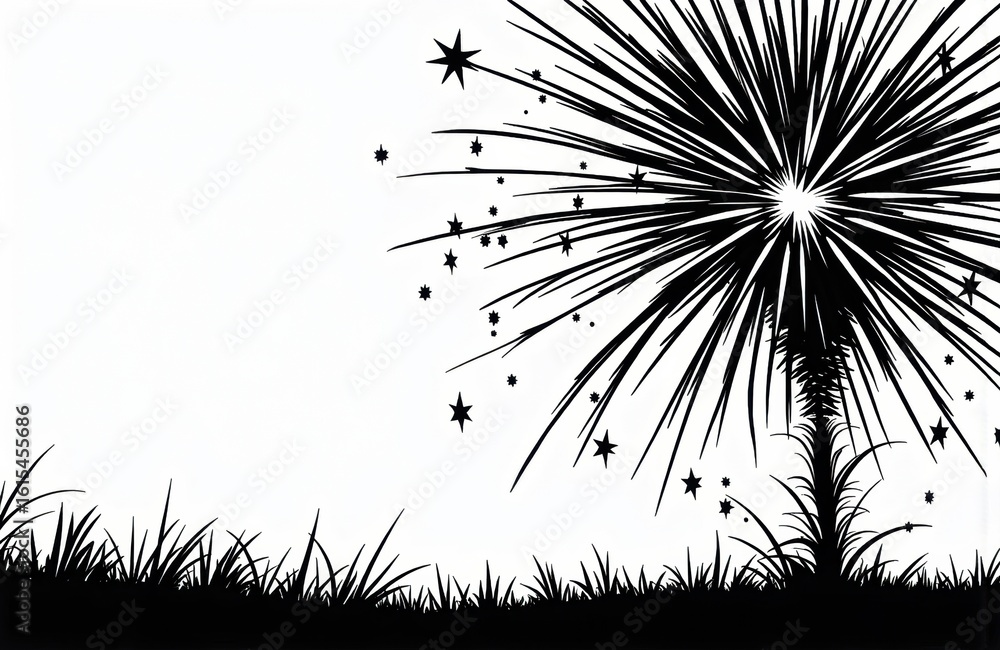Poster fireworks exploding in the night sky with a grassy foreground creating a festive scene