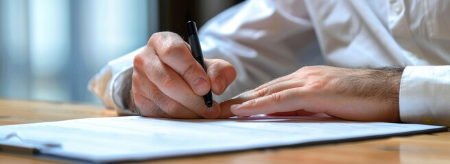 A student writing an exam at his desk, holding a pen in one hand and taking notes with it. The background is blurred to focus attention on him doing