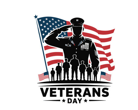 Silhouette of saluting soldier with american flag and veterans day text on a white background - Powered by Adobe