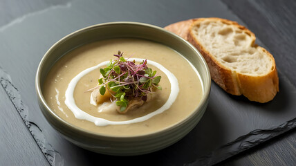 Elegant Mushroom Soup Presentation Creamy Delight with Fresh Greens and Crusty Bread on a Dark Slate Board Delicious Meal