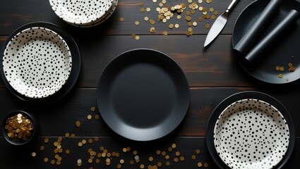 Stylish Party Supplies Flat Lay - Black and Gold for Celebrations and Events