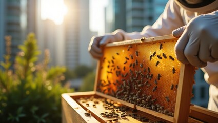 Urban Beekeeping - A Honeycomb Frame with Bees Against a Cityscape