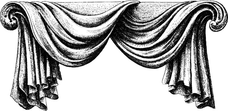 Elegant vintage engraving of draped linen curtain for retro decor and design