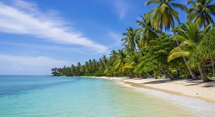 A serene tropical paradise beach with lush palm trees lining the white sand shore and clear turquoise ocean.