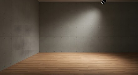 Empty room awaits customization. Concrete walls, wood floor, spotlight. Ideal for product placement, design mockups, and web backgrounds.