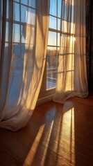 Sunlight Streaming Through Sheer Curtains onto Wooden Floor