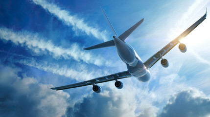 Commercial airliner ascends through a cloudy blue sky, viewed from the wingtip with visible vapor trails.