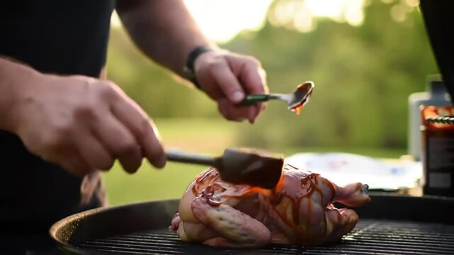A person sauces a chicken on the grill with greenery bokeh background on a bright day