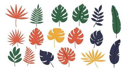 A collection of various stylized tropical leaves in different colors on a white background art