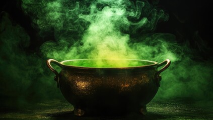 Ancient cauldron steaming with eerie green smoke