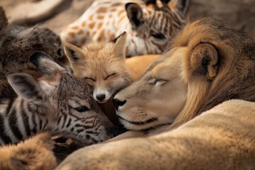 Obraz premium animals of different species playing and resting together, natural outdoor environment, candid interactions, peaceful coexistence, heartwarming and unscripted moment in nature