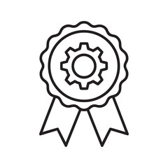 Quality control award icon with gear and ribbon seal representing product excellence standard and certified manufacturing process technology line vector stroke