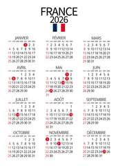 Vertical 2026 calendar design for France in French with holidays marked, clear and elegant template ideal for administrative office or school content