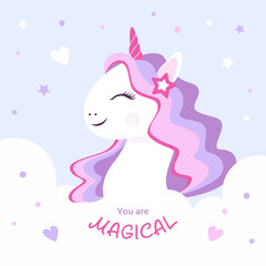 Cute smiling unicorn with colorful hair and magical text