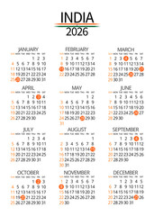 India 2026 calendar in English with national and cultural holidays highlighted, useful multicultural resource in global environments