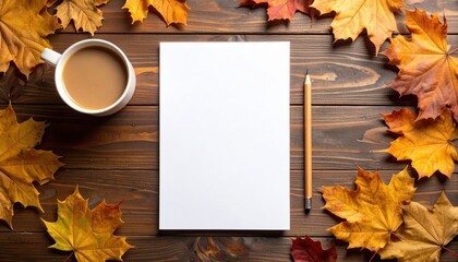 Autumn mockup: blank A4 white paper on a wooden table, surrounded by dry autumn leaves, a pencil, and a cup of hot drink. Warm lighting from above. No text, clean space for design placement.