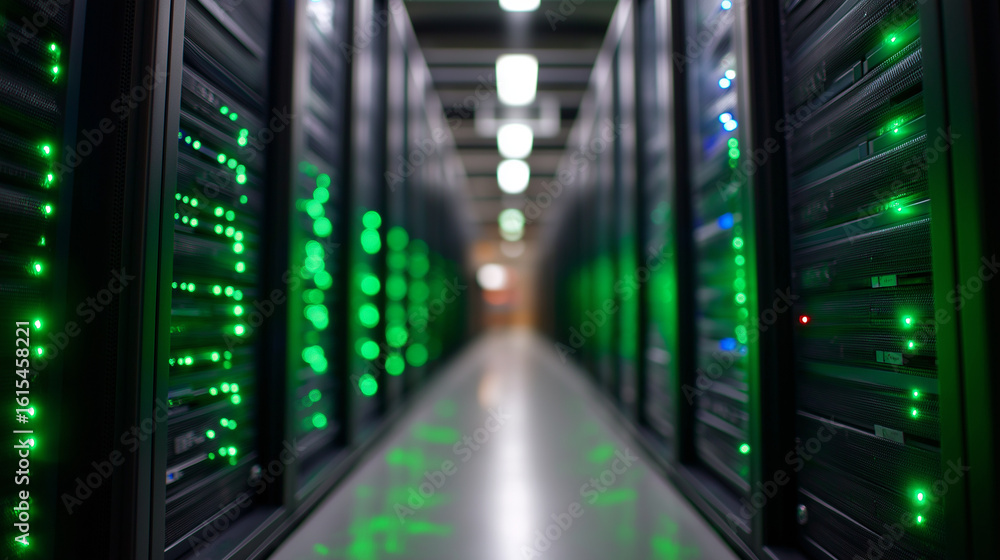 Poster black server racks with green led indicators in data center
