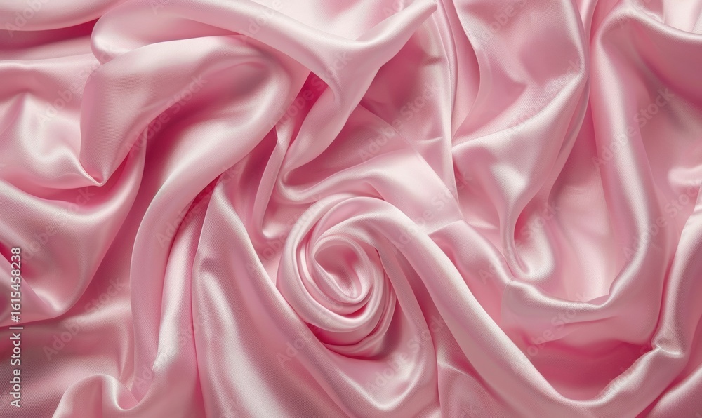 Poster pink satin fabric texture with soft folds and elegant rose pattern background