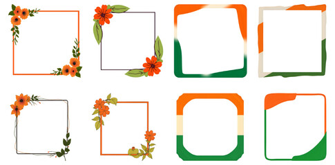 Collection of Floral and Indian Flag Themed Square Frames. Independence day illustration. 
