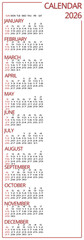 Annual 2026 calendar in English with vertical structure and blank space for text. Versatile annual resource for planning