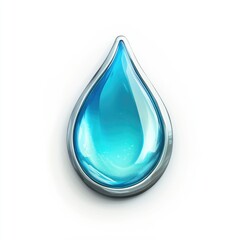 A stylized, glossy, light-blue water droplet, framed by a metallic, silver-toned border, sits on a plain white background.  It appears three-dimensional and reflective