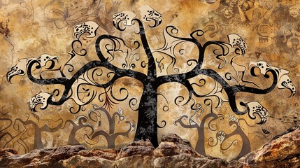 Detailed Anteater Skull Evolutionary Tree against Ancient Cave Art. Abstract Symbols and Animal Silhouettes in Natural History Illustration.